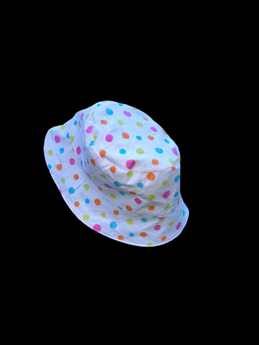 Bob réversible en tissu imperméable rose pâle et coton à pois multicolores